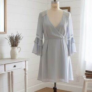 Black Swan| Light Blue Long Bell Sleeve V-Neck Mini Dress with Lace Sz XS